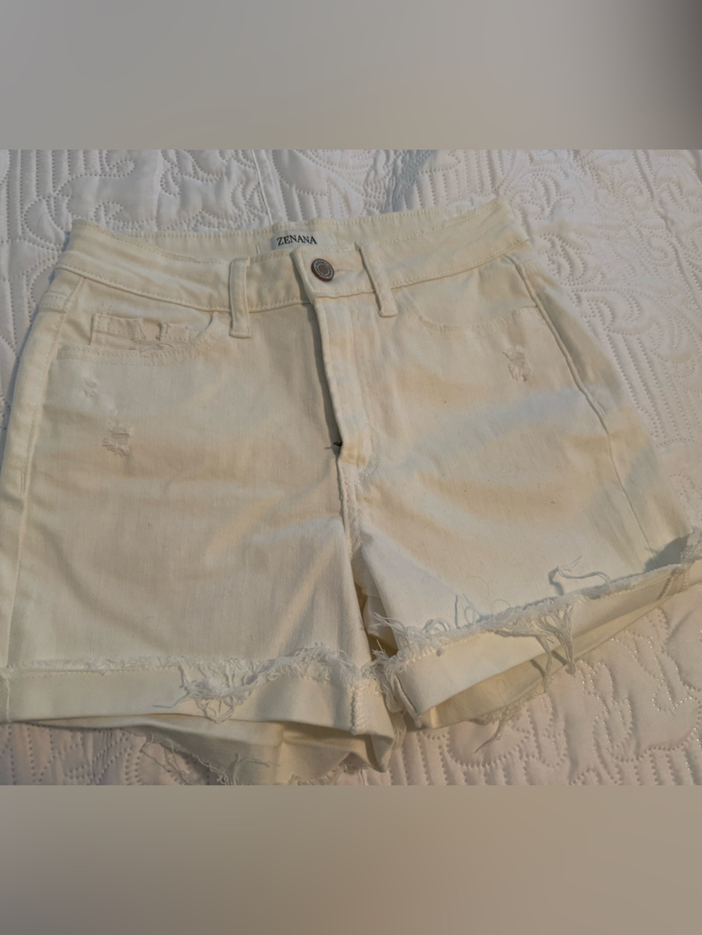 Zenana Cream Frayed Hem Denim Shorts with distressing
